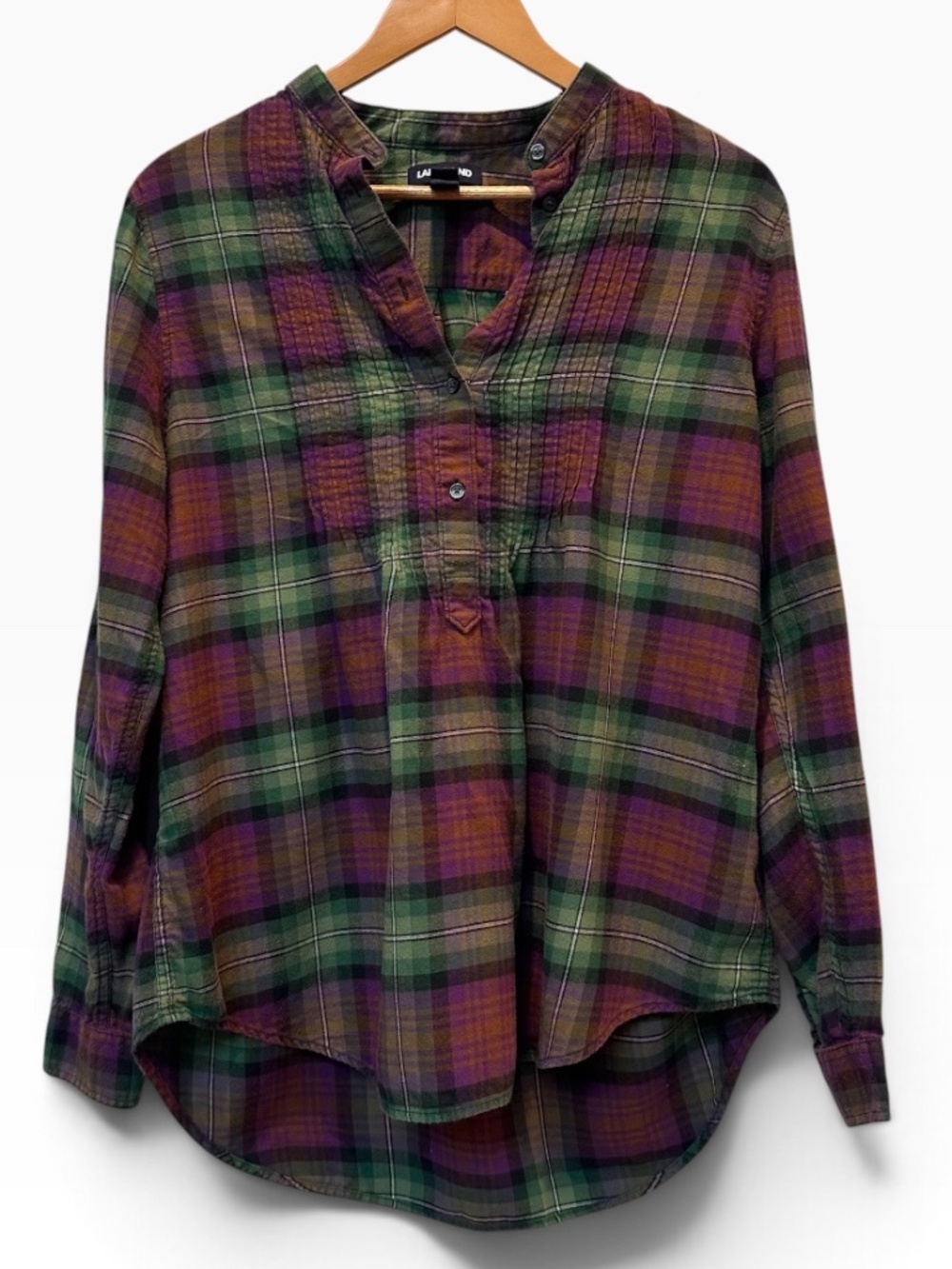 Lands' End Womens Plaid Henley Tunic Top Size 12 Purple Green Pintuck Long Sleev
